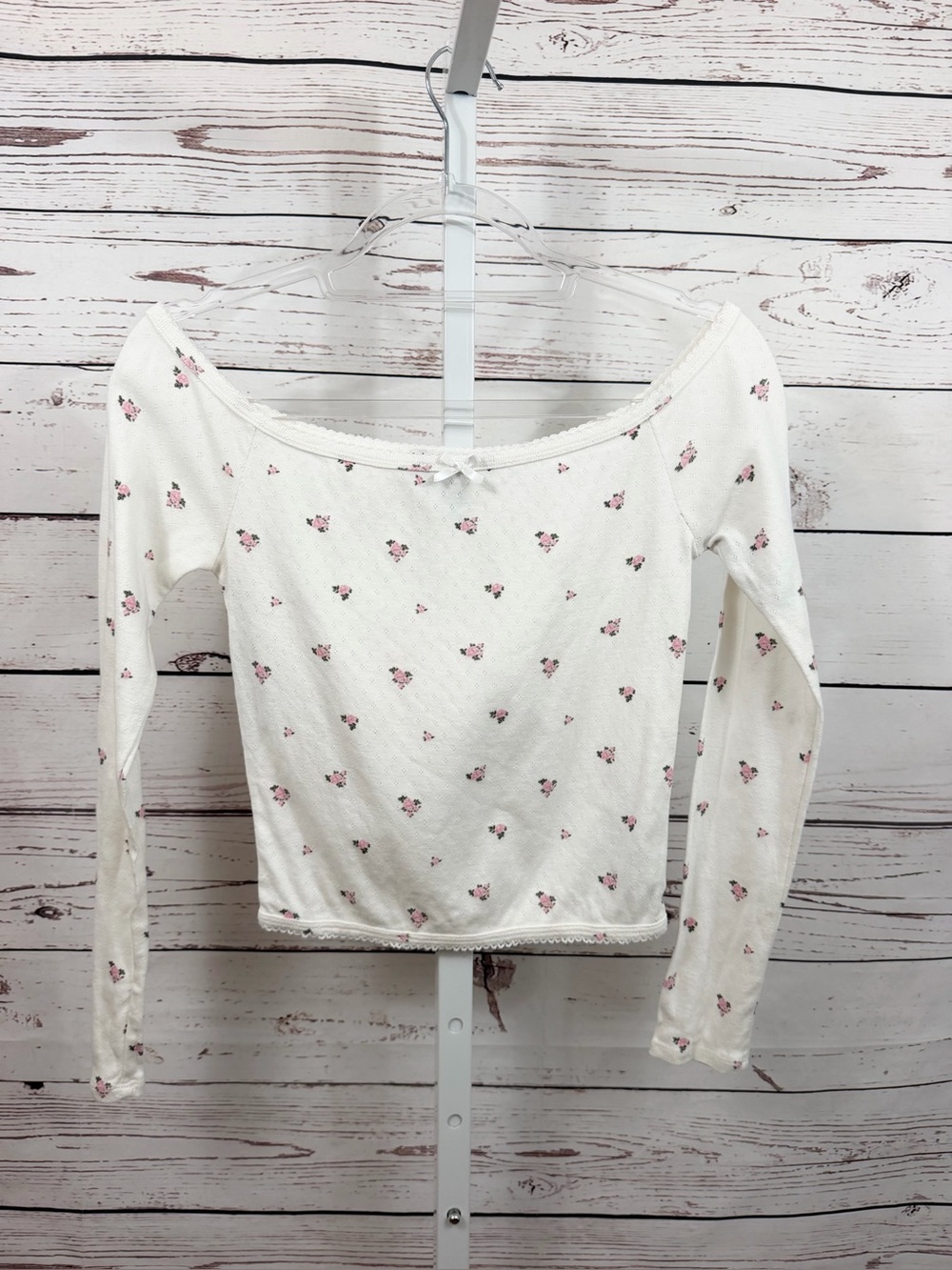 Forever 21 White Pink Ditsy Floral Off Shoulder Crop Top Long Sleeve Medium